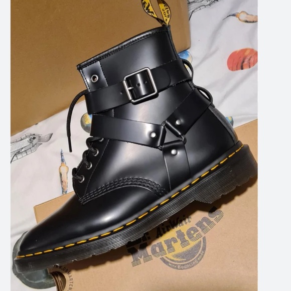 DR MARTENS CRISTOFOR BLACK LEATHER HARNESS LACE UP MOTO BOOTS NEW - Picture 1 of 16